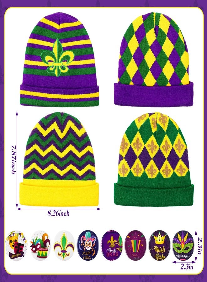 Cozypower 4 Pcs Mardi Gras Beanie Hat 8 Pcs Brooch Pin Knitted Cap for Adults Men Women for Carnival Parade Mardi Gras Party Decorations Accessories - Image 2